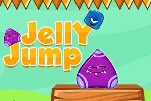 Hình ảnh một khối thạch màu tím và xanh với dòng chữ Jelly Jump trên nền màu xanh lá cây có họa tiết gỗ và gai nhọn ở phía trên