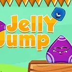 Hình ảnh một khối thạch màu tím và xanh với dòng chữ Jelly Jump trên nền màu xanh lá cây có họa tiết gỗ và gai nhọn ở phía trên