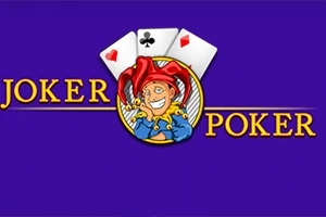 Hình ảnh có một chú hề đội mũ đỏ và ba lá bài trên nền xanh, cùng với chữ Joker Poker màu vàng