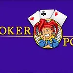 Hình ảnh có một chú hề đội mũ đỏ và ba lá bài trên nền xanh, cùng với chữ Joker Poker màu vàng