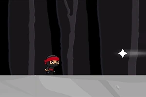Một nhân vật ninja nhỏ bé đứng trên nền đất màu xám với khung nền tối phía sau và một ánh sáng lấp lánh ở phía phải