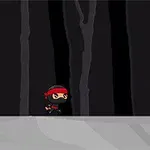 Một nhân vật ninja nhỏ bé đứng trên nền đất màu xám với khung nền tối phía sau và một ánh sáng lấp lánh ở phía phải