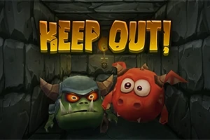 Hai quái vật hoạt hình dễ thương trong một hành lang tối với chữ KEEP OUT!