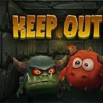 Hai quái vật hoạt hình dễ thương trong một hành lang tối với chữ KEEP OUT!