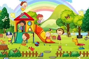 Tranh vẽ cảnh sân chơi với trẻ em đang vui đùa trên cầu trượt và xích đu, xung quanh là cây cối và cầu vồng