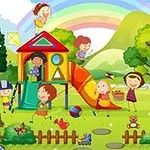 Tranh vẽ cảnh sân chơi với trẻ em đang vui đùa trên cầu trượt và xích đu, xung quanh là cây cối và cầu vồng