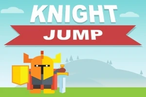 Hiệp sĩ hoạt hình đứng trên bãi cỏ với nền núi và bầu trời, cùng chữ Knight Jump phía trên