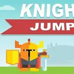 Hiệp sĩ hoạt hình đứng trên bãi cỏ với nền núi và bầu trời, cùng chữ Knight Jump phía trên