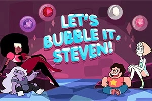 Các nhân vật hoạt hình ngồi trên sàn với dòng chữ LETS BUBBLE IT, STEVEN!