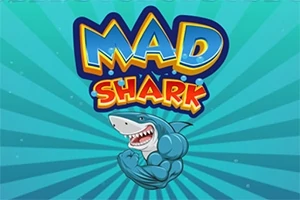 Hình ảnh chú cá mập cơ bắp với nụ cười rộng, phía trên là dòng chữ MAD SHARK trên nền xanh dương sọc sáng