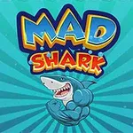 Hình ảnh chú cá mập cơ bắp với nụ cười rộng, phía trên là dòng chữ MAD SHARK trên nền xanh dương sọc sáng