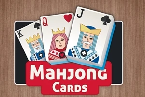 Ba lá bài Vua, Hậu và Jack được đặt trên nền gỗ với dòng chữ Mahjong Cards