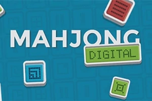 Chữ MAHJONG DIGITAL trên nền màu xanh với các ô vuông nhỏ nhiều màu sắc xung quanh