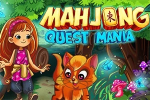 Một cô bé cùng chú mèo màu cam đứng trong khu rừng tươi sáng với các chi tiết cây cối và nấm xung quanh