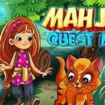 Một cô bé cùng chú mèo màu cam đứng trong khu rừng tươi sáng với các chi tiết cây cối và nấm xung quanh