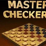 Bàn cờ đam với các quân cờ sáng và tối, phía trên là dòng chữ MASTER CHECKERS