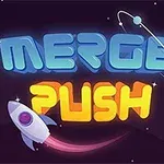 Một hình ảnh với chữ MERGE PUSH nổi bật trên nền tối, có hình tên lửa với đuôi sáng và một quỹ đạo hành tinh