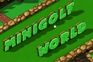 Chữ MINIGOLF WORLD với kiểu chữ 3D màu xanh lá trên nền cỏ xanh và viền đá