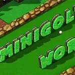 Chữ MINIGOLF WORLD với kiểu chữ 3D màu xanh lá trên nền cỏ xanh và viền đá