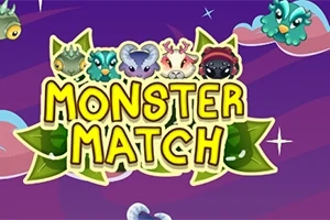 Hình ảnh có nền màu tím với chữ MONSTER MATCH màu vàng nằm trên các chiếc lá xanh, cùng với các sinh vật đáng yêu phía trên