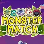 Hình ảnh có nền màu tím với chữ MONSTER MATCH màu vàng nằm trên các chiếc lá xanh, cùng với các sinh vật đáng yêu phía trên