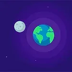 Trái đất và mặt trăng trên nền không gian màu xanh tím với các ngôi sao nhỏ