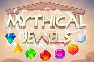 Dòng chữ MYTHICAL JEWELS trên nền đền thờ Hy Lạp cùng với các viên ngọc đa màu sắc và hình dạng bên dưới