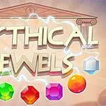 Dòng chữ MYTHICAL JEWELS trên nền đền thờ Hy Lạp cùng với các viên ngọc đa màu sắc và hình dạng bên dưới