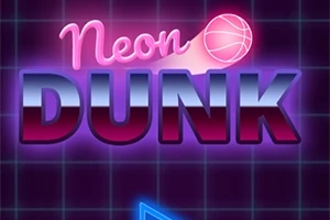 Chữ Neon Dunk phát sáng trên nền lưới màu tối với một quả bóng rổ phát sáng ở phía trên