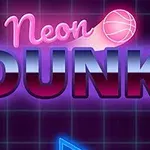 Chữ Neon Dunk phát sáng trên nền lưới màu tối với một quả bóng rổ phát sáng ở phía trên