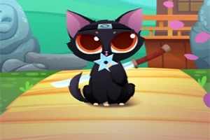 Một con mèo đen với đôi tai hồng đội băng đô ninja, cầm phi tiêu và đứng trên con đường gỗ với thanh kiếm phía sau