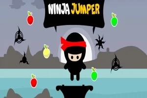 Hình ảnh một ninja nhỏ nhảy giữa không trung với bối cảnh núi non, xung quanh có nhiều trái cây màu sắc và shuriken