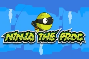 Hình ảnh một con ếch ninja màu xanh lá đeo băng đen, nền xanh lam và dòng chữ Ninja the Frog ở phía dưới