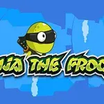 Hình ảnh một con ếch ninja màu xanh lá đeo băng đen, nền xanh lam và dòng chữ Ninja the Frog ở phía dưới