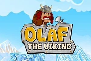 Viking đội mũ sừng cầm rìu đứng trên chữ OLAF THE VIKING với bối cảnh băng tuyết