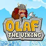 Viking đội mũ sừng cầm rìu đứng trên chữ OLAF THE VIKING với bối cảnh băng tuyết