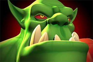 Một nhân vật orc da xanh với răng nanh lớn và mắt đỏ trong ánh sáng tối