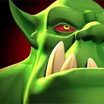 Một nhân vật orc da xanh với răng nanh lớn và mắt đỏ trong ánh sáng tối