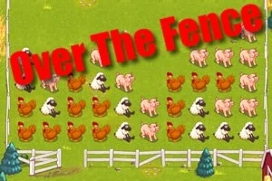 Hình ảnh một cánh đồng với nhiều con cừu, gà và lợn, có chữ Over The Fence màu đỏ phía trên
