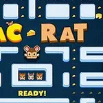 Chuột hoạt hình giữa màn hình trong mê cung với chữ PAC-RAT lớn phía trên