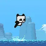 Hình ảnh pixel nghệ thuật của gấu trúc đang nhảy qua mặt nước với phông nền bầu trời xanh và núi đá