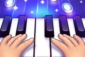 Hai bàn tay đang chơi trên phím đàn piano với nền phát sáng và các ngôi sao