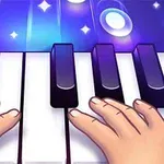 Hai bàn tay đang chơi trên phím đàn piano với nền phát sáng và các ngôi sao
