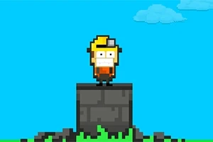 Nhân vật pixel mặc đồ màu cam đứng trên một khối đá với bầu trời xanh và mây trắng phía sau