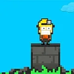 Nhân vật pixel mặc đồ màu cam đứng trên một khối đá với bầu trời xanh và mây trắng phía sau