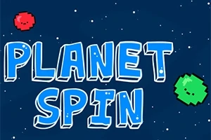 Chữ PLANET SPIN màu xanh nhạt trên nền xanh đậm với các hành tinh nhỏ màu đỏ và xanh lá