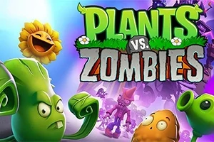 Các nhân vật hoạt hình bao gồm thực vật và thây ma với logo lớn phía trên có chữ Plants vs Zombies