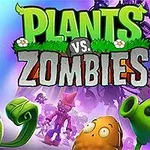 Các nhân vật hoạt hình bao gồm thực vật và thây ma với logo lớn phía trên có chữ Plants vs Zombies