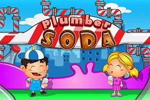 Hai đứa trẻ đang vui vẻ uống soda trước một biển hiệu lớn có dòng chữ Plumber Soda với đường ống màu sắc