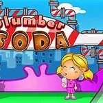 Hai đứa trẻ đang vui vẻ uống soda trước một biển hiệu lớn có dòng chữ Plumber Soda với đường ống màu sắc
